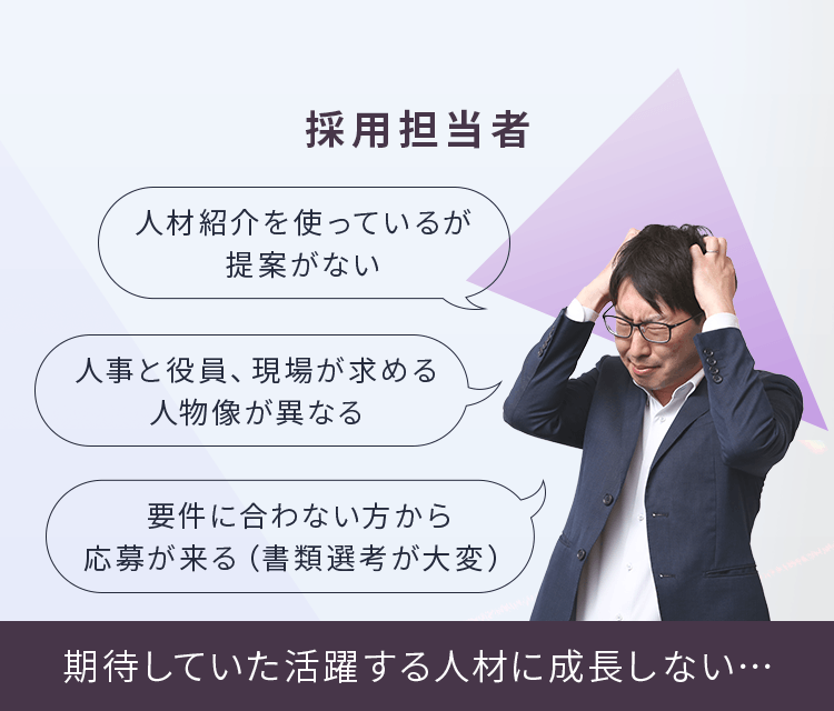 採用担当者 人材紹介を使っているが提案がない 人事と役員、現場が求める人物像が異なる 要件に合わない方から応募が来る(書類選考が大変) 期待していた活躍する人材に成長しない…