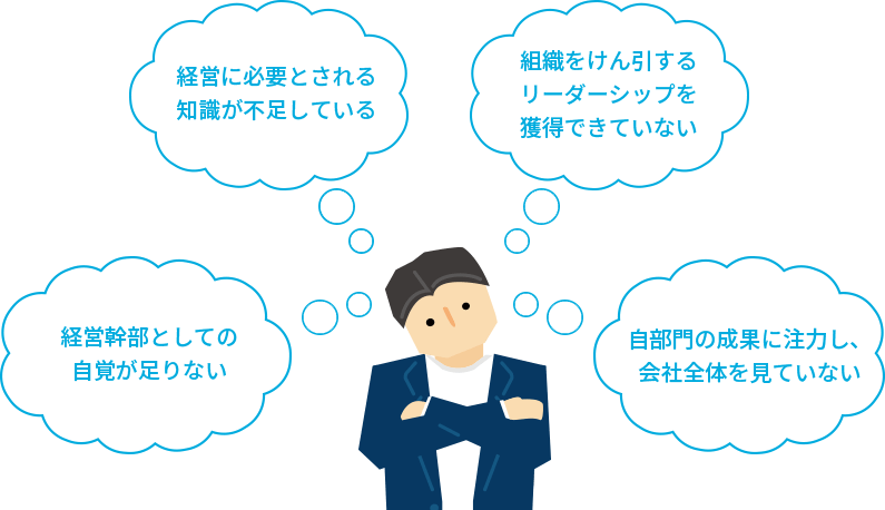 経営幹部としての自覚が足りない 経営に必要とされる知識が不足している 組織をけん引するリーダーシップを獲得できていない 自部門の成果に注力し、会社全体を見ていない